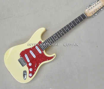 12 струни жълта електрическа китара с червен предпазител, Rosewood Fretboard, адаптивни