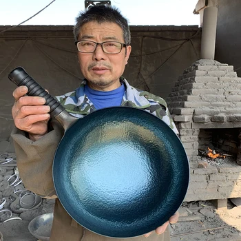 Висококачествен незалепващ тиган Ръчно изработен железен тиган без покритие Здраве Wok газова печка индукционна печка General Zhangqiu Iron Wok 36CM