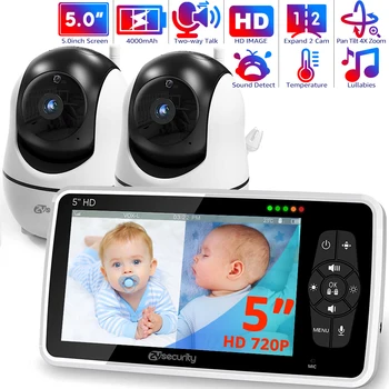 5''Видео бебешки монитор с 2 камери, панорамно наклонено увеличение 2-посочно аудио, 4X увеличение, 22-часова батерия, автоматично нощно виждане, откриване на звуци за движение