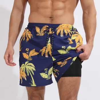 2023 Лято Нов свободен мъжки отдих плажни спортни шорти отпечатани двуслойни анти-светлина плюс размер Capris бързо сушене