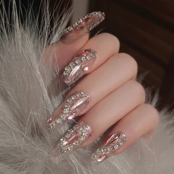 Glossy Y2k стил дълги дължина фалшиви нокти с блясък диамант сладка преса на ноктите пълно покритие изкуствени фалшиви нокти за жени