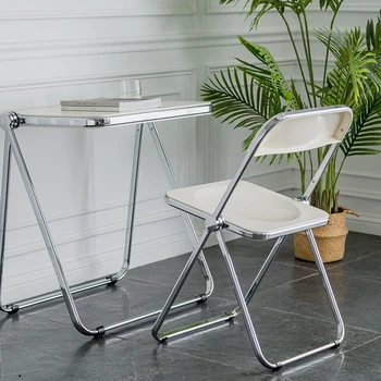 Пластмасова табуретка, метална акрилна облегалка, модерен минималистичен стол за ресторант, домакински сгъваем стол за хранене