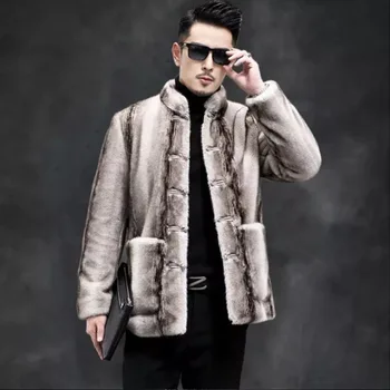 Мъжки кожено палто луксозна марка кожени палта удебелени топли дълъг ръкав зимно яке изкуствена кожа палто еднореден щанд яка мода