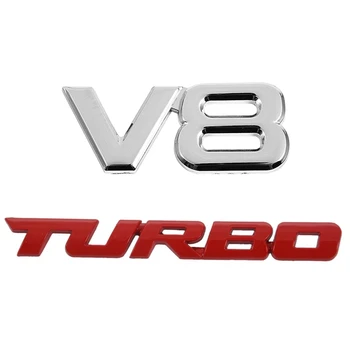 2PCS 3D сребърен автомотор V8 автомобил задна емблема стикер стикер с TURBO Auto 3D метална емблема значка стикер