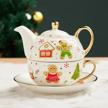420ml керамичен чай за един комплект Коледа Дядо Коледа чайник чай чаша чинийка злато покритие чаша дръжка подарък кутия