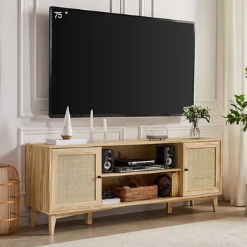 Телевизионна стойка за 75+ инчов телевизор, развлекателен център с място за съхранение, ратан Boho-Chic Vibe Wood TV Stand & Регулируеми рафтове