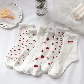 японски сладки дамски чорапи червена ягода корейски стил цветя екипаж чорапи Kawaii жени памучни чорапи Harajuku ягода крава чорапи