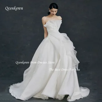 Qcenkern Сватбена рокля без презрамки Проста тънка безгръбначна диференцирана тюл с цип с дължина на пода A-LINE булчински рокли