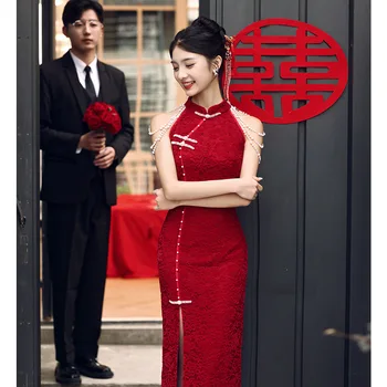 Ретро Китайска сватбена рокля Традиционна Cheongsam Елегантна булка сватба Qipao тънък мандарин яка модерен Cheongsams рокля
