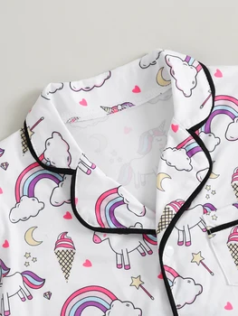 Унисекс детски карикатура животински печат бутон надолу къс ръкав пижама комплект с ластик шорти - удобни Loungewear