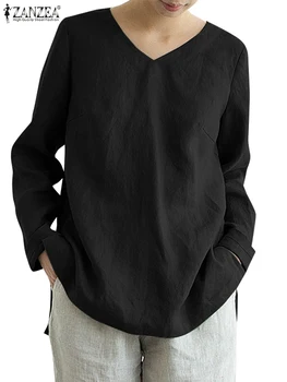 ZANZEA Реколта офис OL жените блуза дълъг ръкавV-образно деколте памучни върховете Femme туника плътен цвят върховете хлабав елегантен Chemise 2023