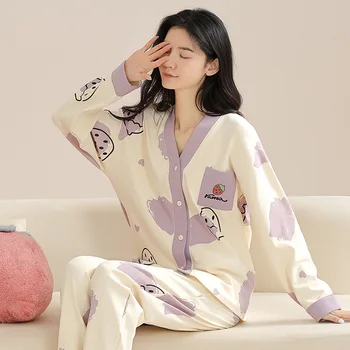 Дамски пролет и есен чист памук дълъг ръкав есен нова есен тънки дамски летни домашни облекла пижами комплекти