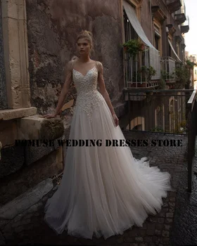 POMUSE Сватбена рокля V-образно деколте спагети презрамки мъниста дантела илюзия сватба булката рокля по поръчка Vestido де Novia за жени