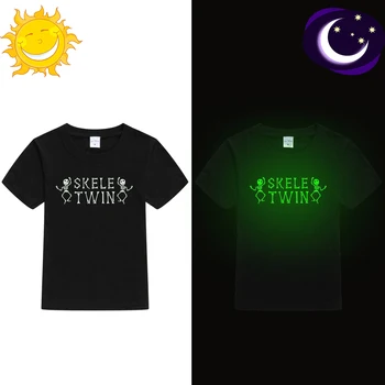 Kids Funny Luminous T Shirt Skele Twin Print Boys Girls Twins Clothes Children Glow In Dark T-shirts Fashion Noctilucent Tops
