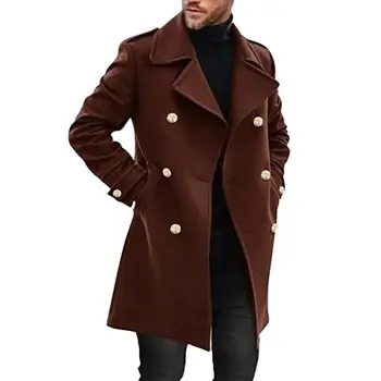 Плътен цвят палто стилен мъжки двуреден зимен шинел дебел топъл среден дължина тренчкот с обрат надолу за есента